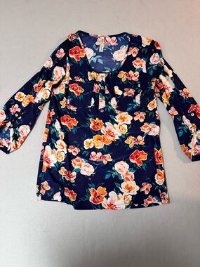 Perseption Concept Navy Floral Scoop-Neck Tunic with Coral and Peach Blooms